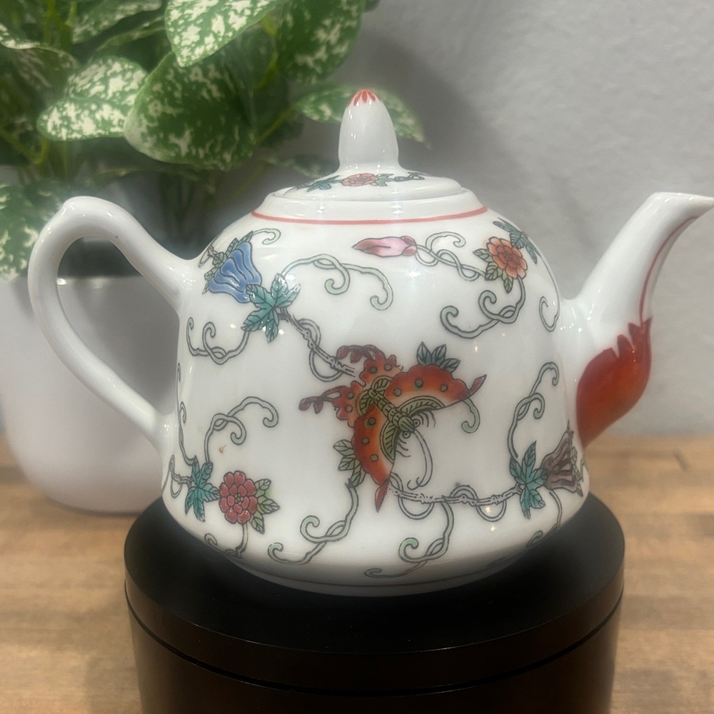 Vintage Chinese Jingdezhen Porcelain Floral Teapot with Butterflies